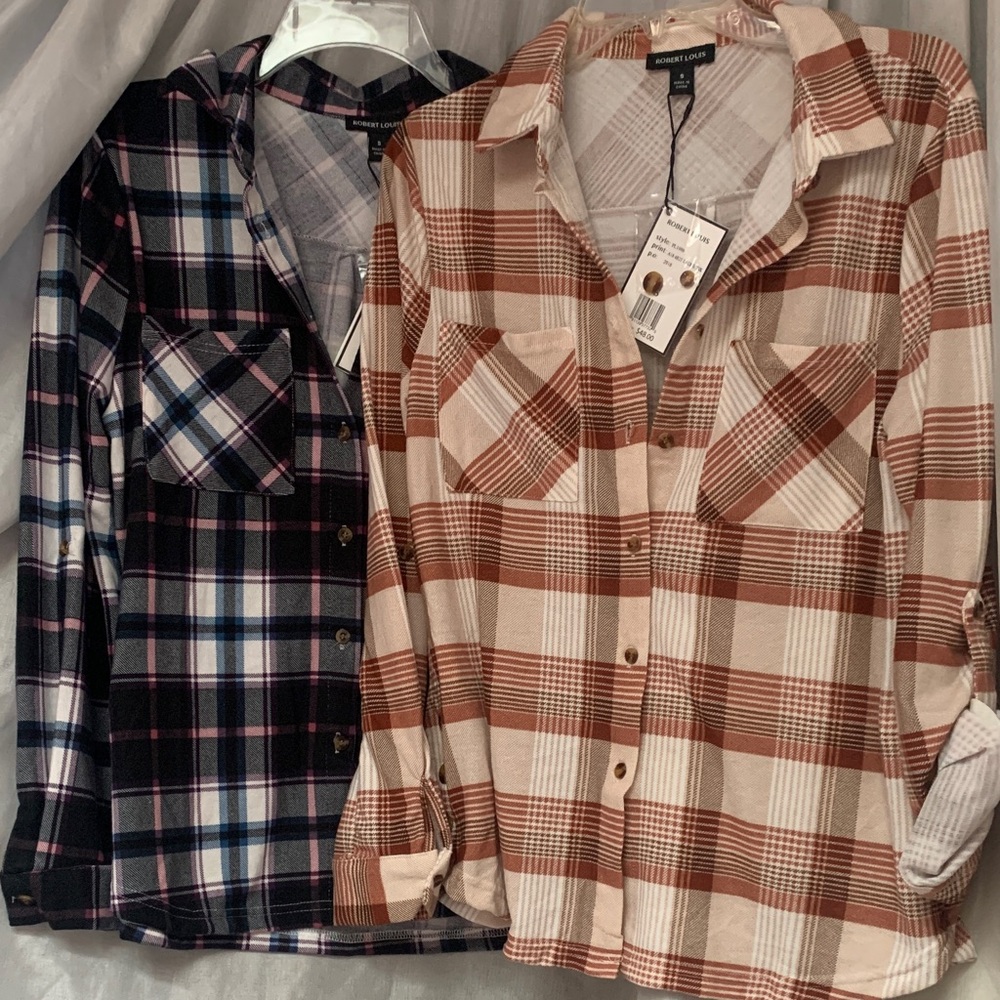 Robert Louis Plaid Button-Down Shirts in Brown/Cream and Black/Blue/Pink